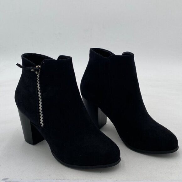 Black Chunky Heel Boots Side Zipper Closed Round Toe Ankle Booties Shoes - Picture 4 of 8